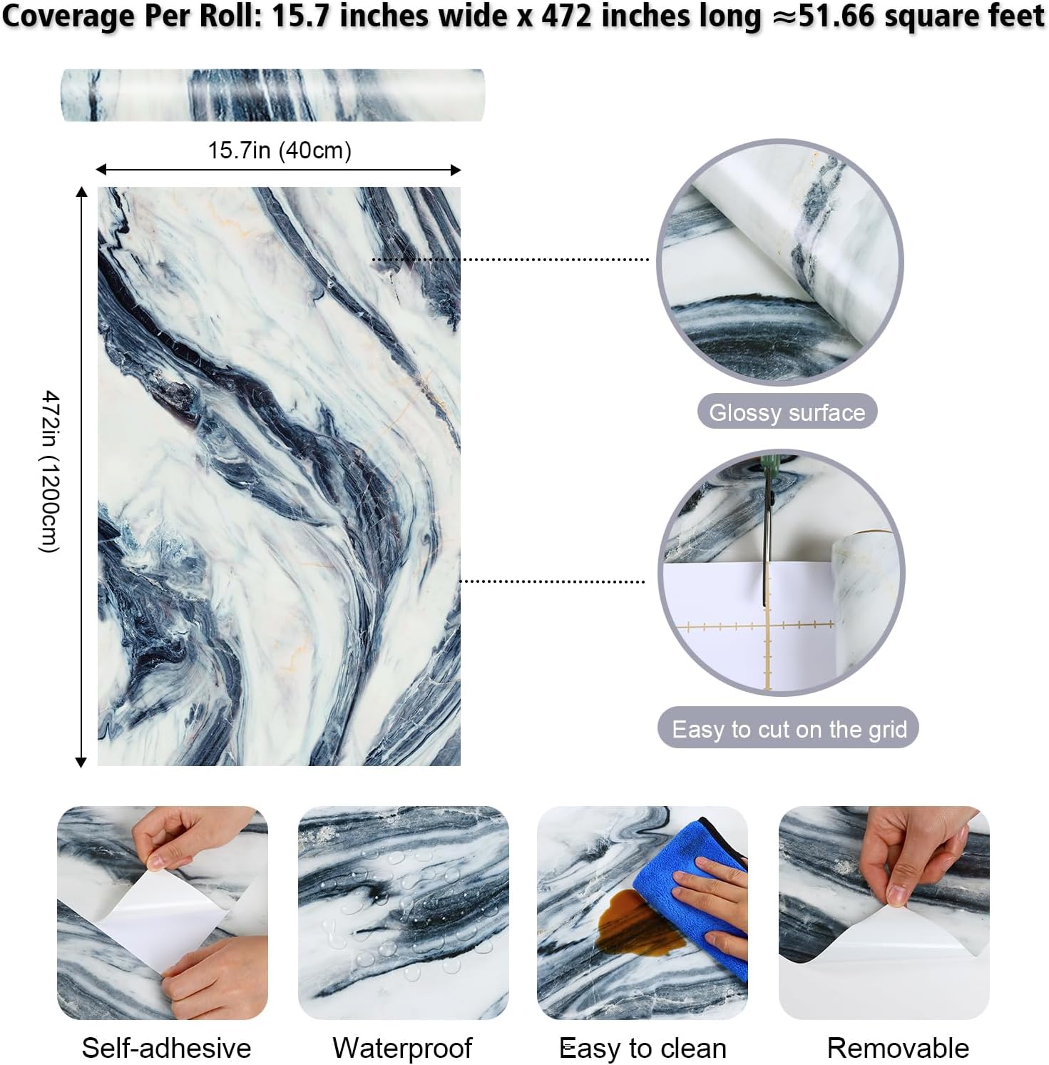 15.7"x472" Thick White Blue Marble Contact Paper for Countertops Waterproof Peel and Stick Countertops Glossy Blue Marble Wallpaper for Kitchen Removable Vinyl Wrap for Cabinets Walls Shelf