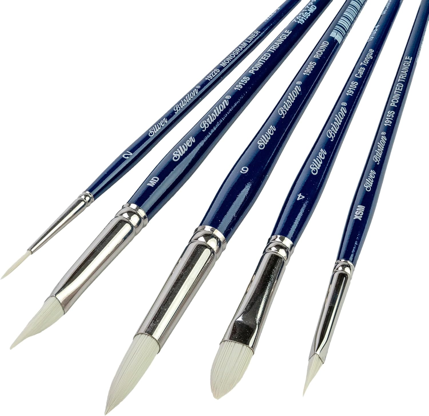 Silver Brush Limited BR-1956S Bristlon Variety Set, 5pc Premium Short Handle Brushes with Stiff White Synthetic Tips, Round, Cats Tongue, Pointed Triangle, Monogram Liner for Acrylic, Oil, Watercolor