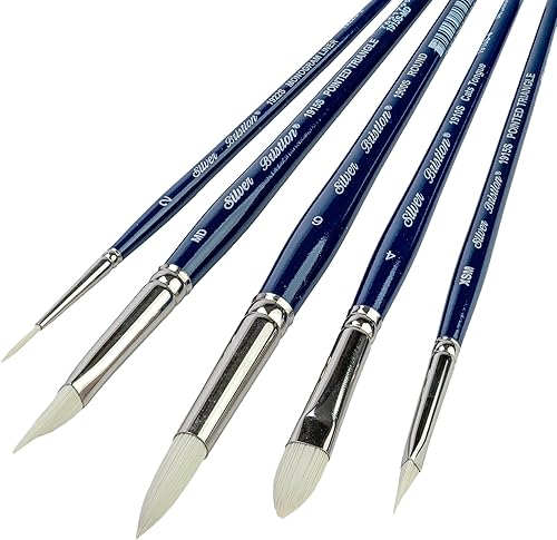 Vista 14 de Silver Brush Limited BR-1954 Bristlon - Pinceles para lengua de gato y filbert de mango largo con puntas sintéticas blancas rígidas, juego