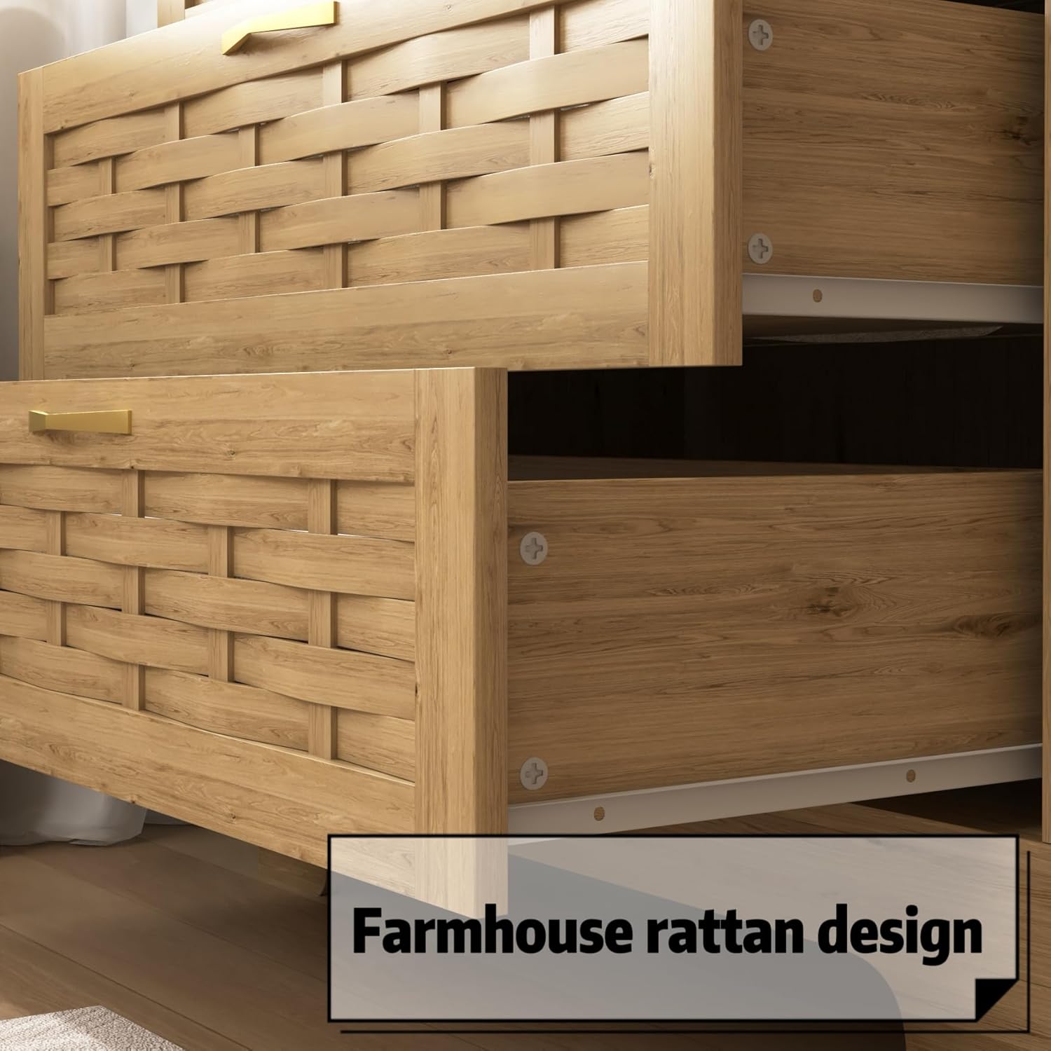 6 Drawers Dresser Bedroom, Rattan Farmhouse Wood Dresser, Chest of Drawers Bedroom Organizer,Dresser TV Stand Living Room