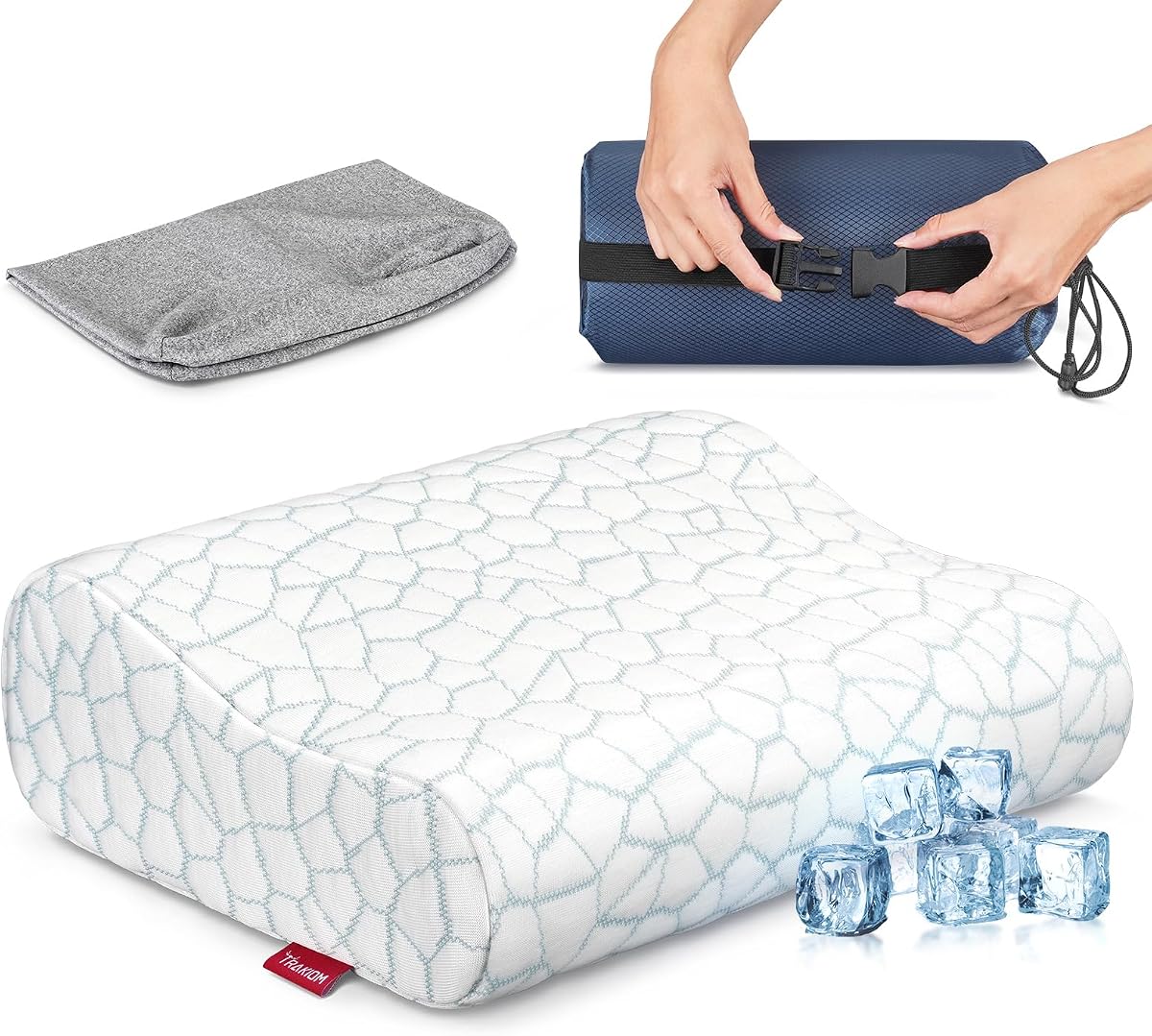 Travel Camping Memory Foam Pillow, Portable Compact Contour Pillow | Cool & Breathable Pillowcases, Rolls Up in Seconds, Carry Bag + Extra Cover, Comfortable Support for Outdoor Plane Road Trips