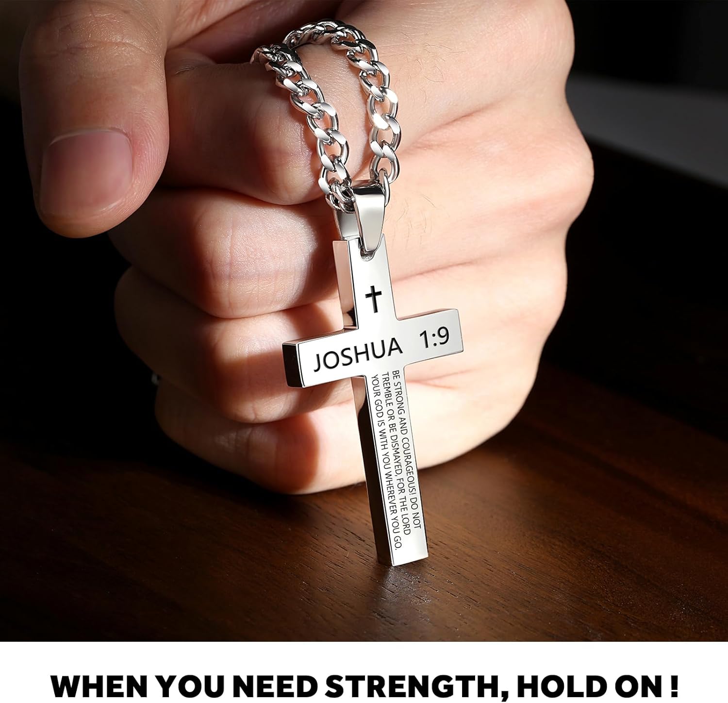 REVEMCN Inspirational Bible Verse Cross Necklace for Men Boys, Stainless Steel Plain Black Silver Cross Pendant Necklace for Men 20-24 Inches Curb Chain Faith Jewelry Gift - Image 2