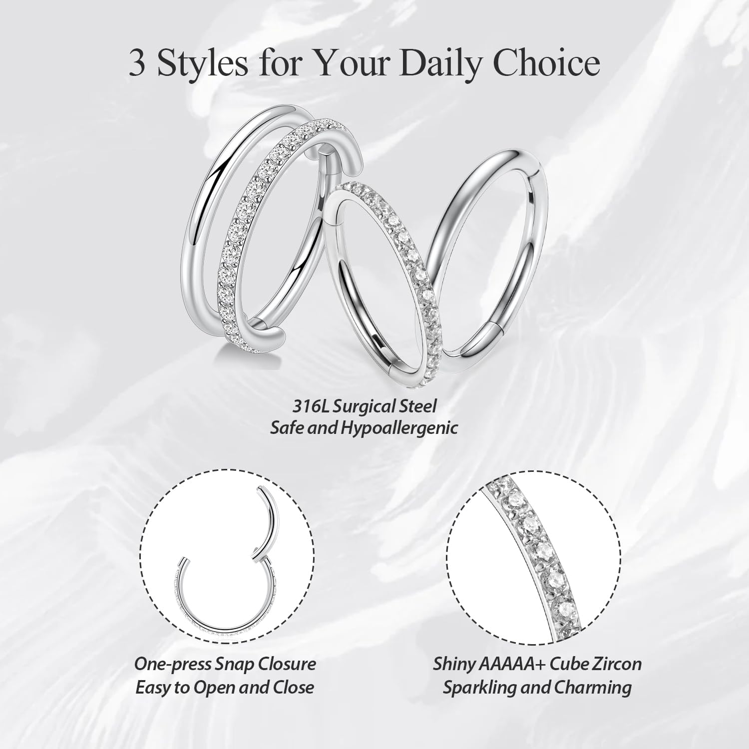 FUNLMO 3pcs Nose Rings Septum Rings Tragus Helix Conch Rook Daith Piercing Jewelry Cartilage Earring 316L Surgical Steel Double Hoop Nose Ring - Image 2