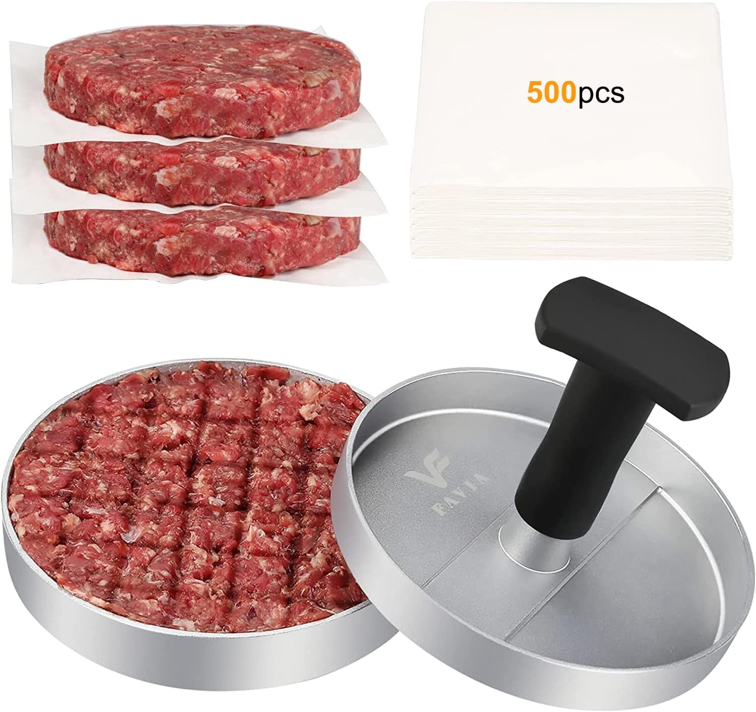 FAVIA Burger Press Patty Maker with 500 Wax Papers Set I Non-Stick Hamburger Meat Mold Ring for Beef Veggie Burger BBQ Barbecue Grill BPA Free Dishwasher Safe