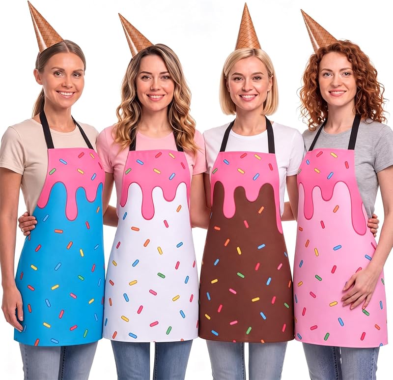 Janmercy 4 Sets Halloween Ice Cream Costume Apron Headband for Adults | 27.6 x 23.6 Inches Ice Cream Aprons, Paper Cone Hats, Halloween Party Role Play Accessory for Women Men Teens