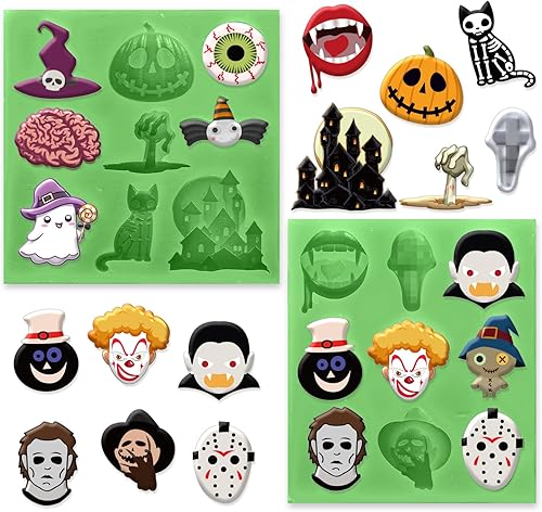 Miniatura 1 de Whaline 2 moldes para fondant temáticos de Halloween, araña, calabaza, ojo, payaso, vampiro, patrón de caramelo, moldes de silicona para decoración