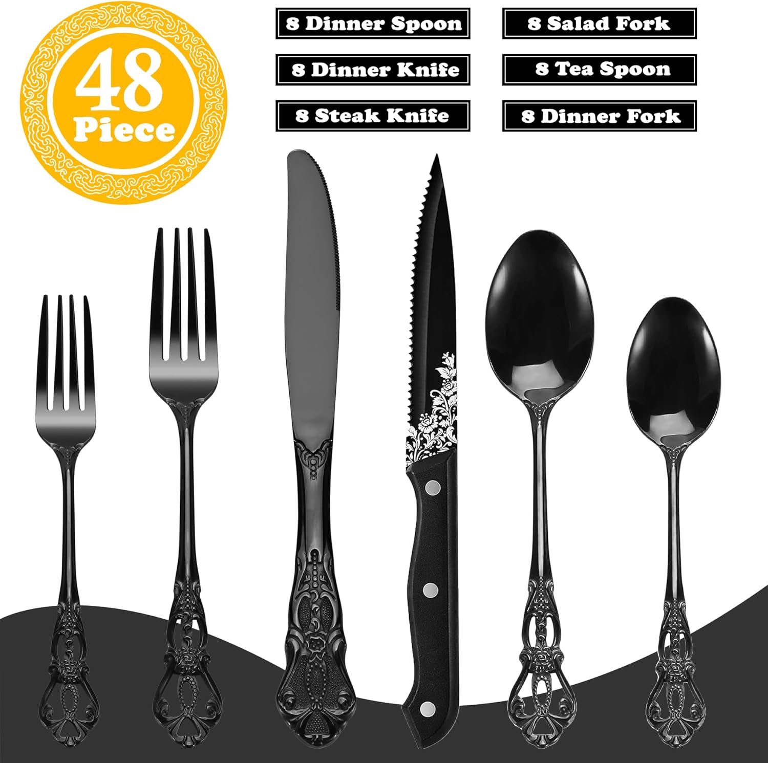 Runfly Retro Royal Black 48 Pieces Flatware Set, Gorgeous Black Silverware Set For 8, Anti-rust Stainless Steel dark Cutlery Set Utensils Including Fork Spoon and Knife