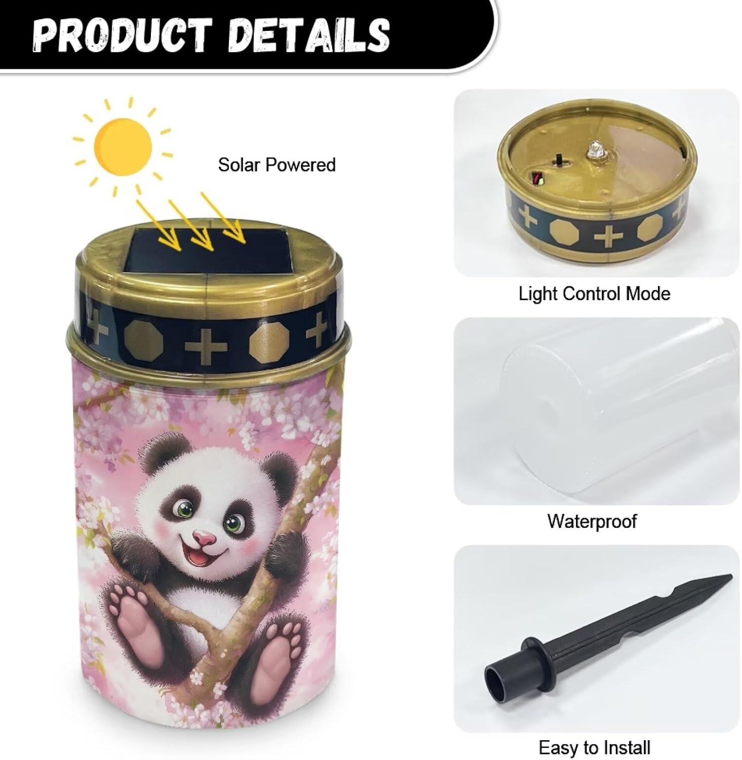Cute Panda Cemetery Solar Lights Waterproof LED Flameless Candle Landscape Stake Lights Cemetery Decorations for Grave Automatic Solar Light Sympathy Gifts 2 Pcs