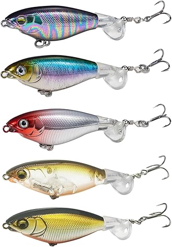 Topwater - Señuelos de pesca para lubina, señuelos Whopper Popper con ojos 3D realistas y colas giratorias para agua dulce y salada, juego de 5