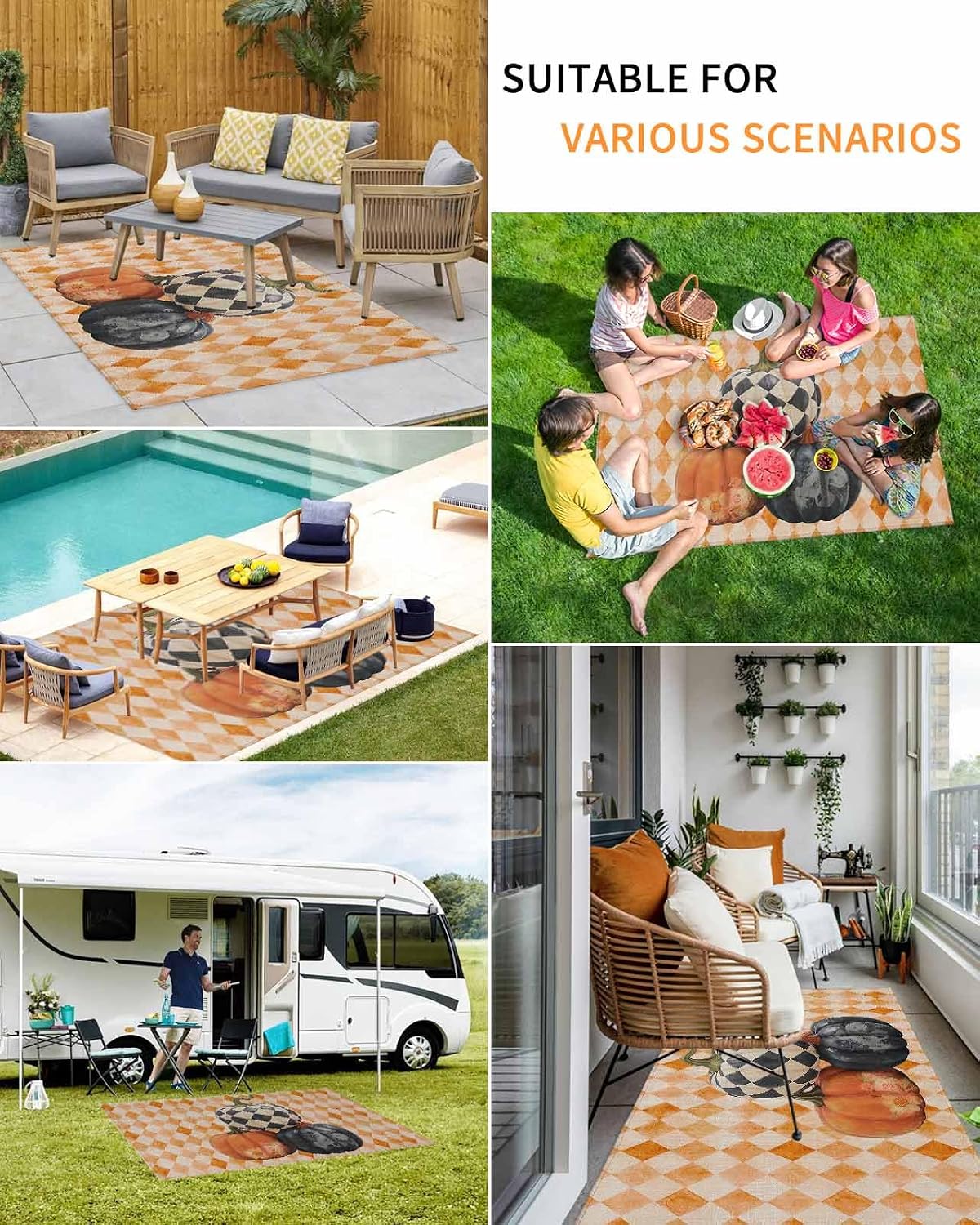 Pumpkins Flower Outdoor Area Rug 4'x6',Patio Balcony Porch Front Door Camping Camper Deck Runner Rug,Washable Carpet Indoor Living Room Kitchen Floor Mat Vintage Orange Fall Black White Lattice