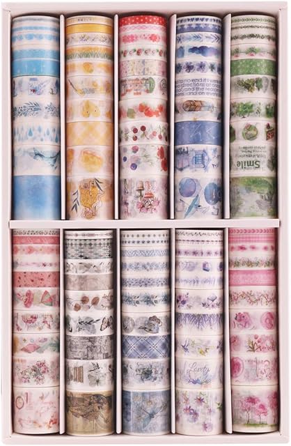 Lychii 100 Rolls Multi-Pattern Decorative Washi Tape, Decorative Tape Scrapbook Supplies for DIY, Journals, Daily Planners, Gift Wrapping, Office Party Supplies (Set A)
