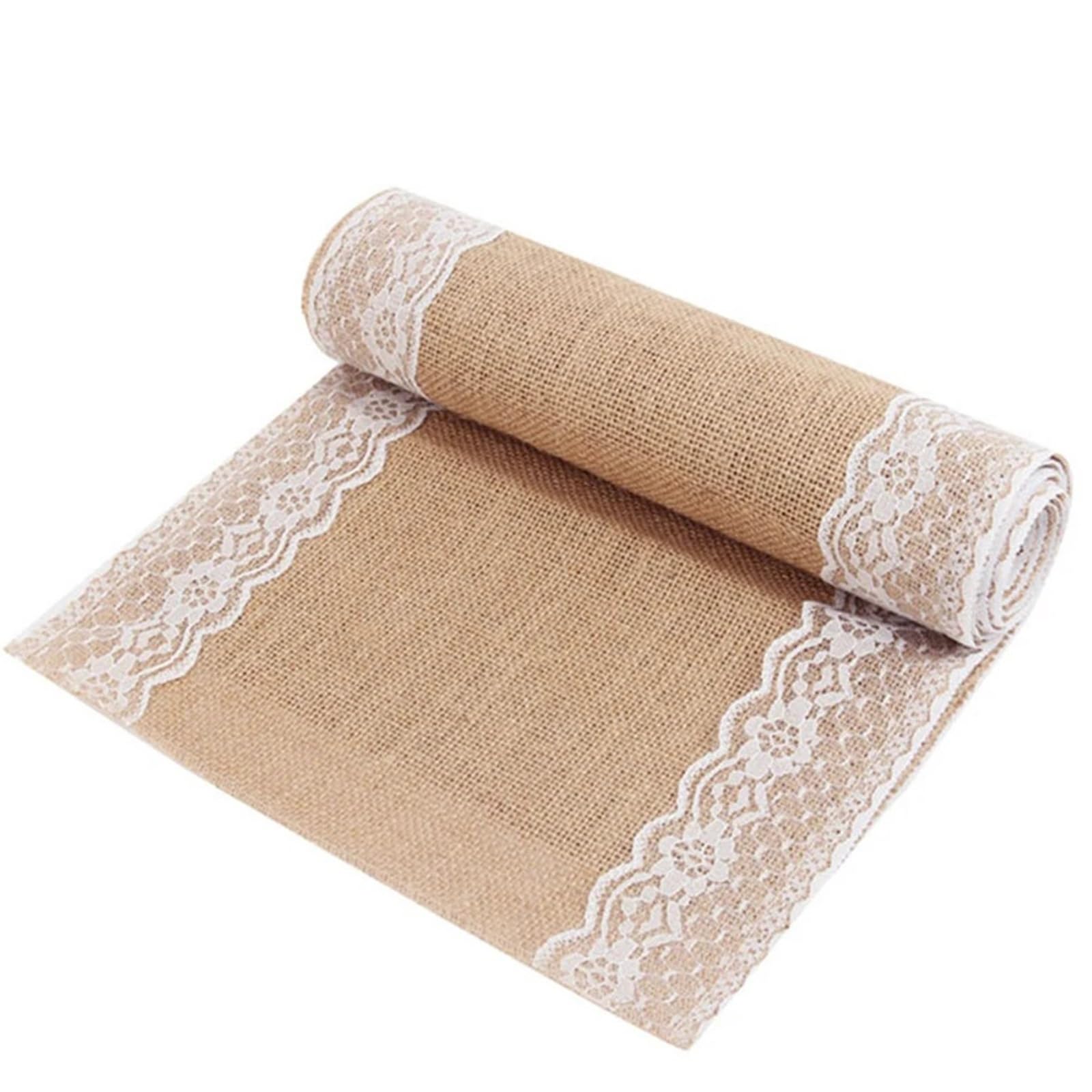 Chemin de table en dentelle pour mariage champêtre et fête rétro en toile de jute