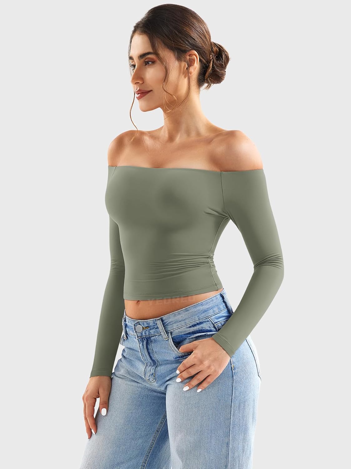 YEOREO Sophie Women Off Shoulder Long Sleeve Shirts Double Lined Basic Undershirt Y2K Going Out Tops - Image 2