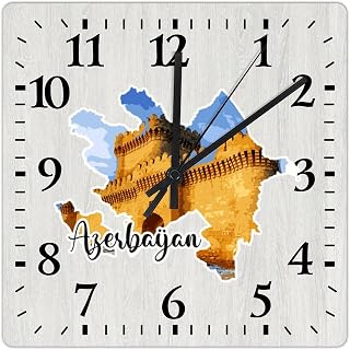 Azerbaijan Map Wall Clock Azerbaijan World Landmark Building Square Clock 15 Inch Large Wall Clocks Battery Operated Rustic Home Decor for Home Kitchen Office School Bathroom