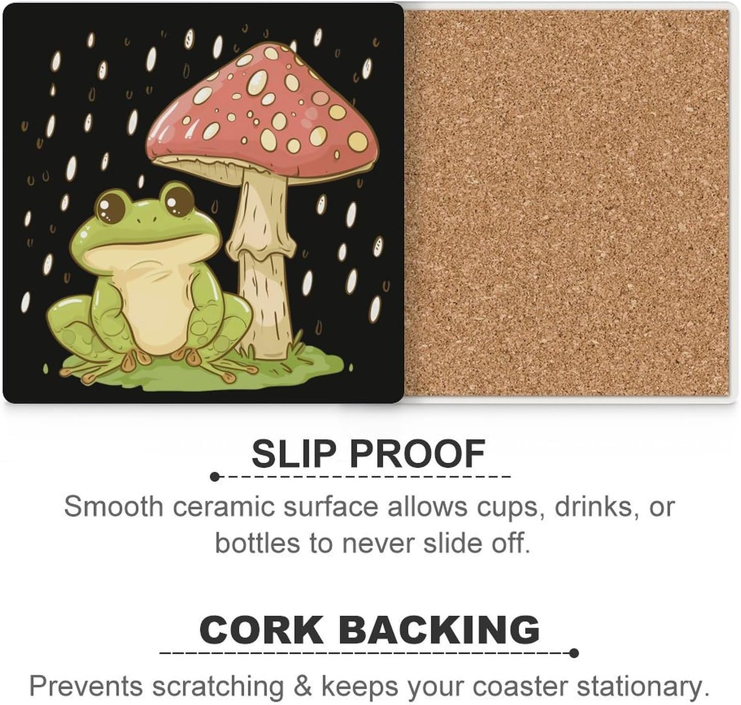 Cute Frog Mushroom Coaster for Drinks Square Ceramic Table Coasters Stone Mat Crafts 4PCS Home Kitchen Decor