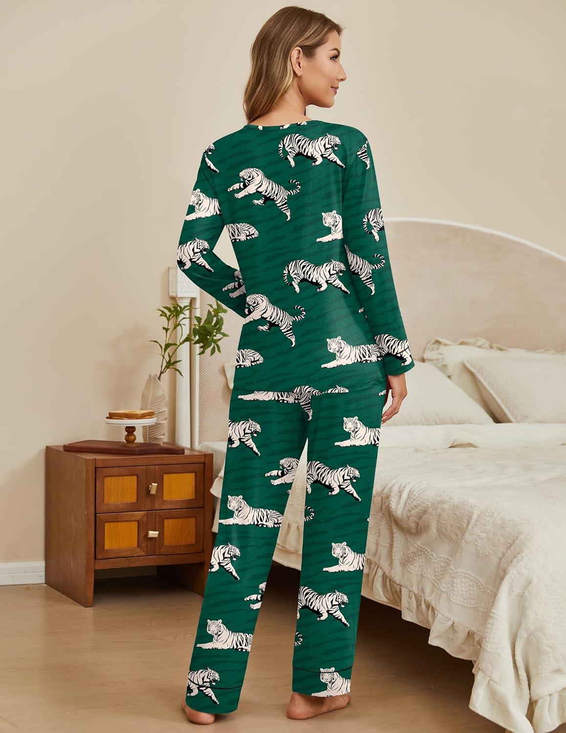 Ekouaer Women's Pajamas Sets 2 piece PJs V Neck Long Sleeve Sleepwear Comfy Pants Loungewear with Pocket - Image 3