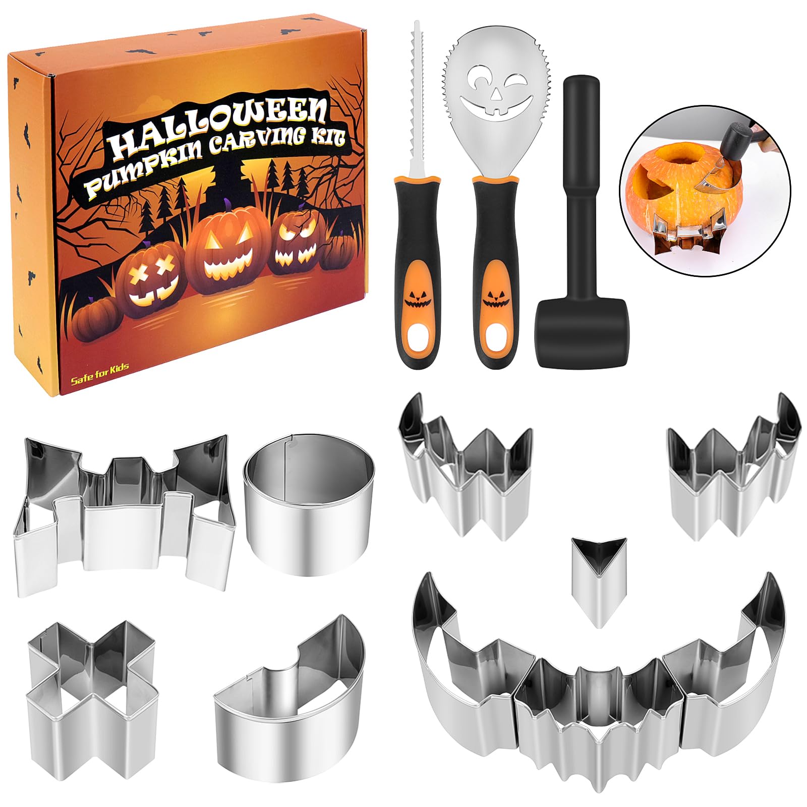 Meetory Juego de 13 piezas para tallar calabaza de Halloween, herramienta de tallado de calabaza de acero inoxidable con plantillas, kit de tallado de calabaza para niños y familiares