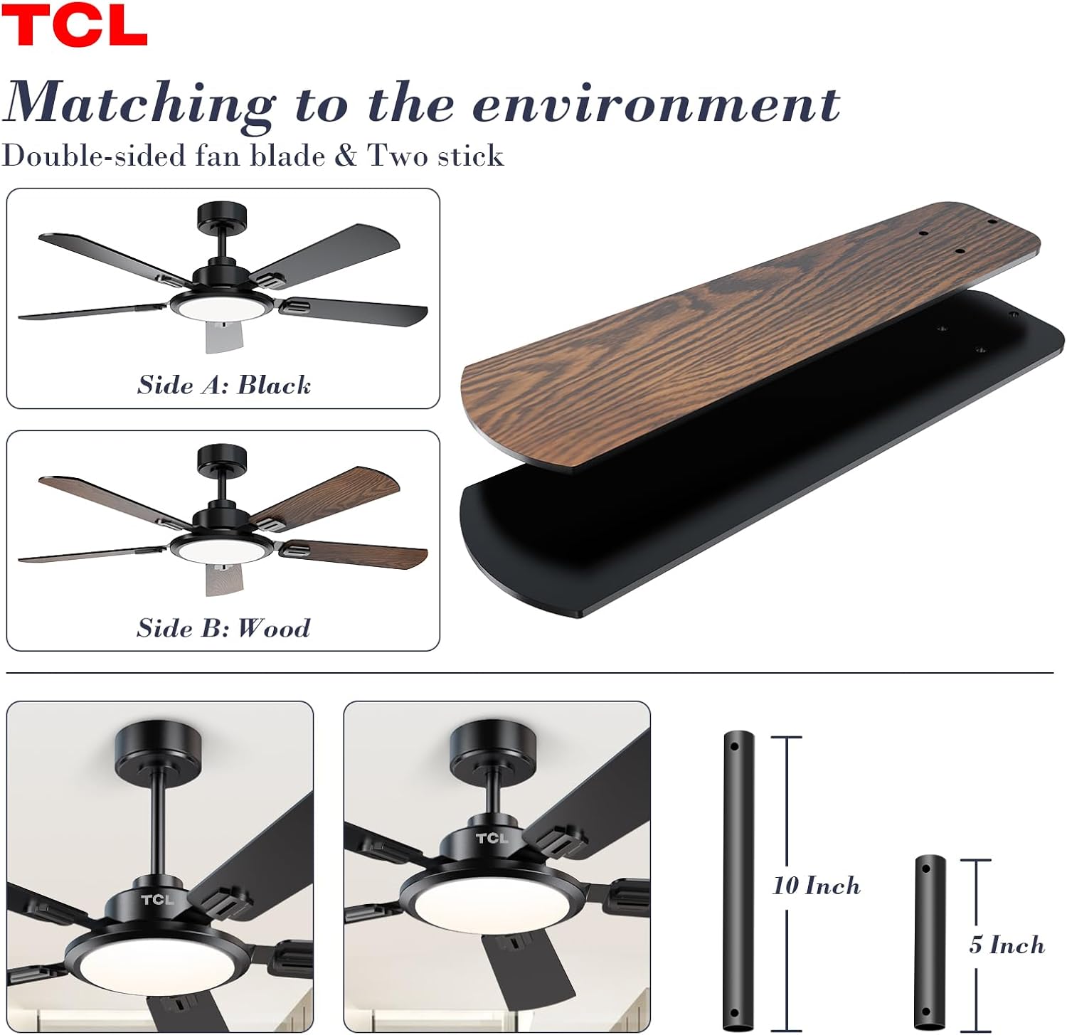 TCL Ceiling Fans with Lights, 52 Inch Ceiling Fan with Light and Remote Control, Reversible DC Motor, Noiseless, Dimmable 36W LED, Modern Ceiling Fan for Bedroom Living Room (Black)