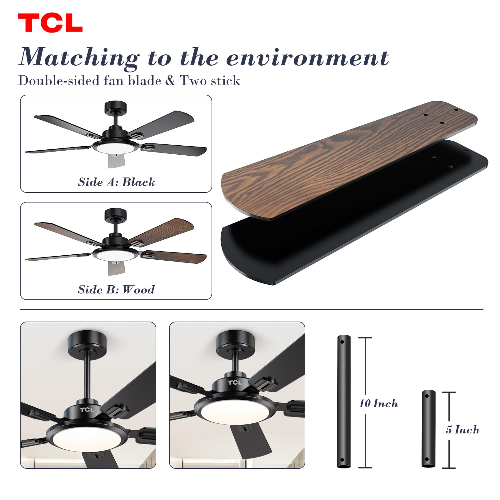 TCL Ceiling Fans with Lights 52 Inch Ceiling Fan with Light and Remote Control Reversible DC Motor Noiseless — view 8