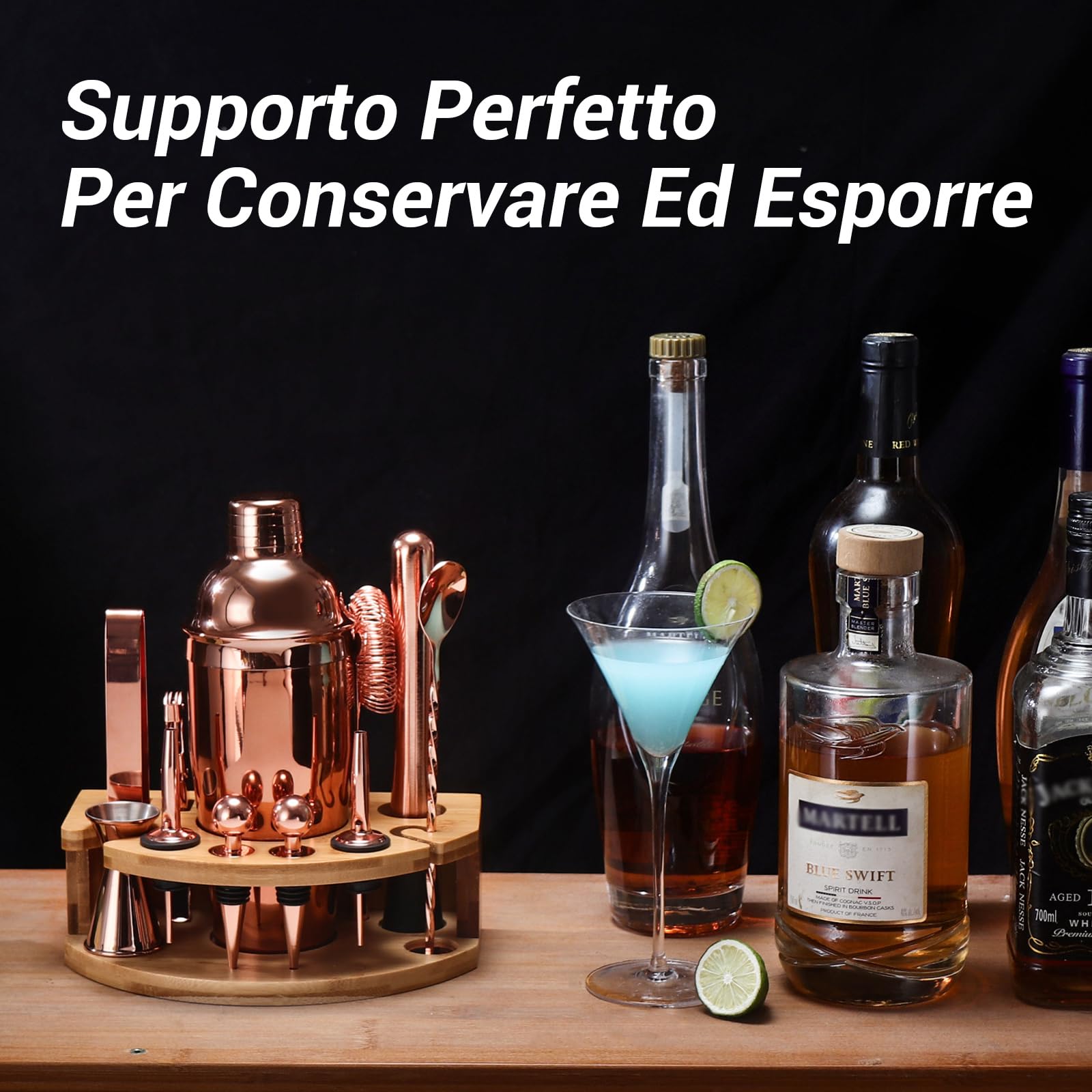 Set Shaker Cocktail Kit Barman con Supporto, Set Barman in Acciaio INOX da 750ML 12 pezzi con dosatore misurino cocktail, Kit Barman Professionale Completo per Home Bar, Regali per Papà (Oro Rosa)