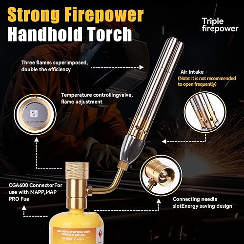 Miniatura 2 de Cabezal de soplete turbo de triple llama BlueFire de alto rendimiento 25590 BTU de gas de alta resistencia para soldadura por MAPP MAP Pro Propano