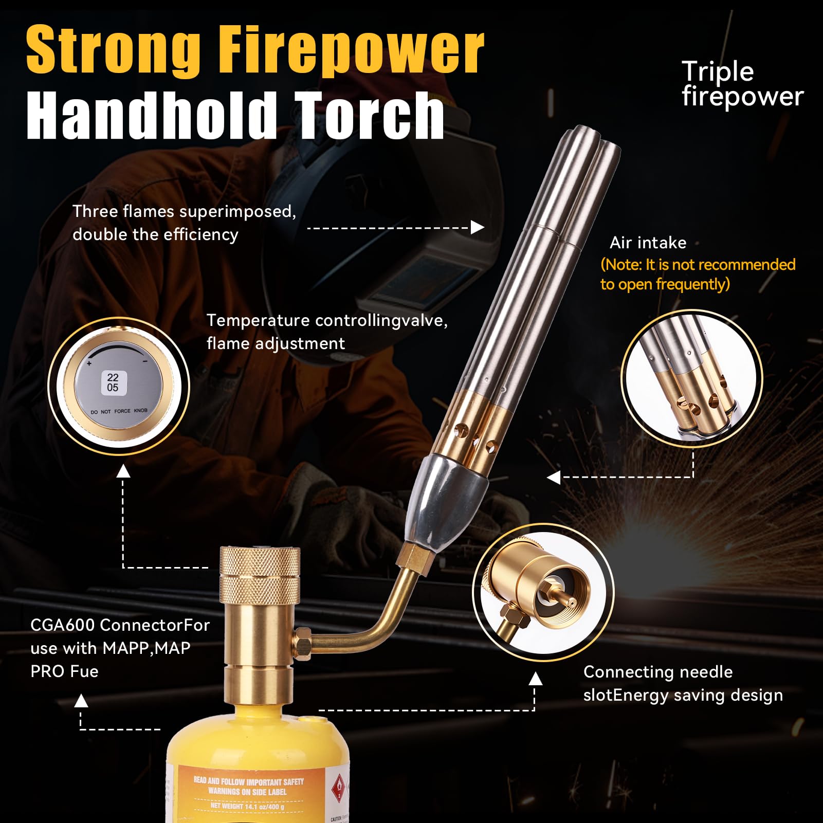 BLUEfire Torcia Turbo a getto a tripla fiamma, Trigger Start Cucina/Ricerca/Saldatura a gas, Carburante da MAPP/MAP Pro/Propano, Base stabilizzatrice libera!