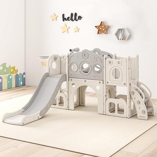 Miniatura 11 de kinbor Juego de toboganes 8 en 1 para niños pequeños, tobogán para niños con aro de baloncesto, juego para niños con escaleras fáciles de subir