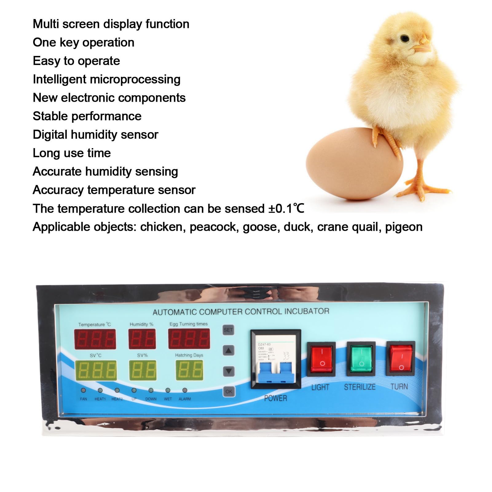 Conjunto automático de incubadora de Huevos de Aves de Corral con Sensor de Control de Temperatura y Humedad para Pollo, Ganso, Pato, codorniz