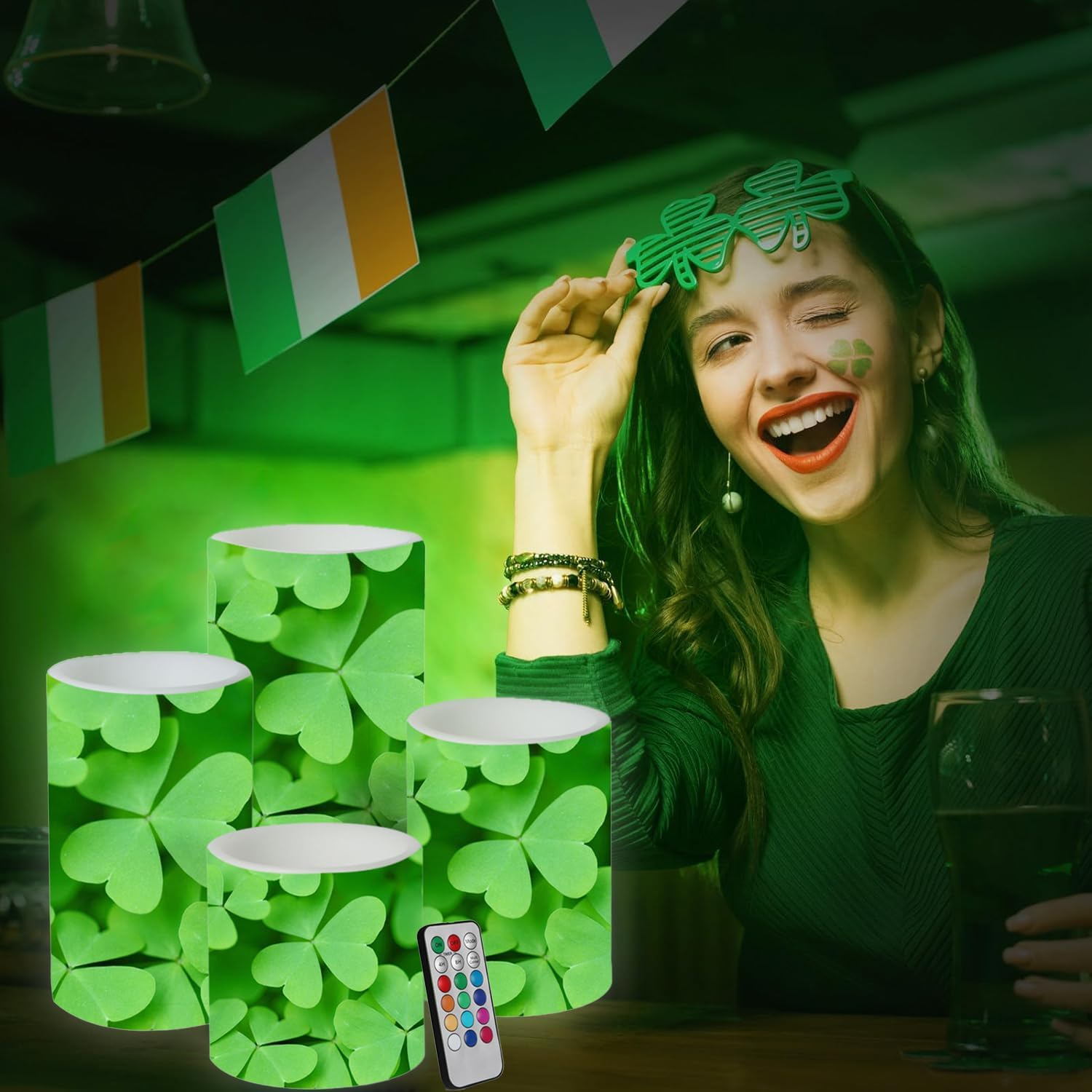 St. Patrick's Day Flameless Led Candles with Remote Battery Operated Pillar Candles Flickering Flame for Wedding Beach Party Home Decor