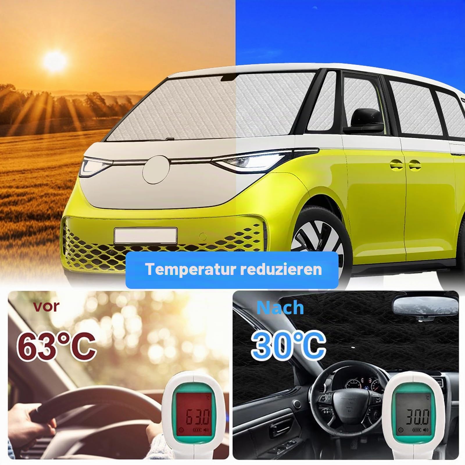 Sonnenschutz Kompatibel mit VW ID Buzz 2022-2025, 10 PCS Auto Frontscheibe Sonnenschutz Windschutzscheiben Schutz Set, Internes Thermomatte mit Aufbewahrungstasche, Faltbar Sonnenblende