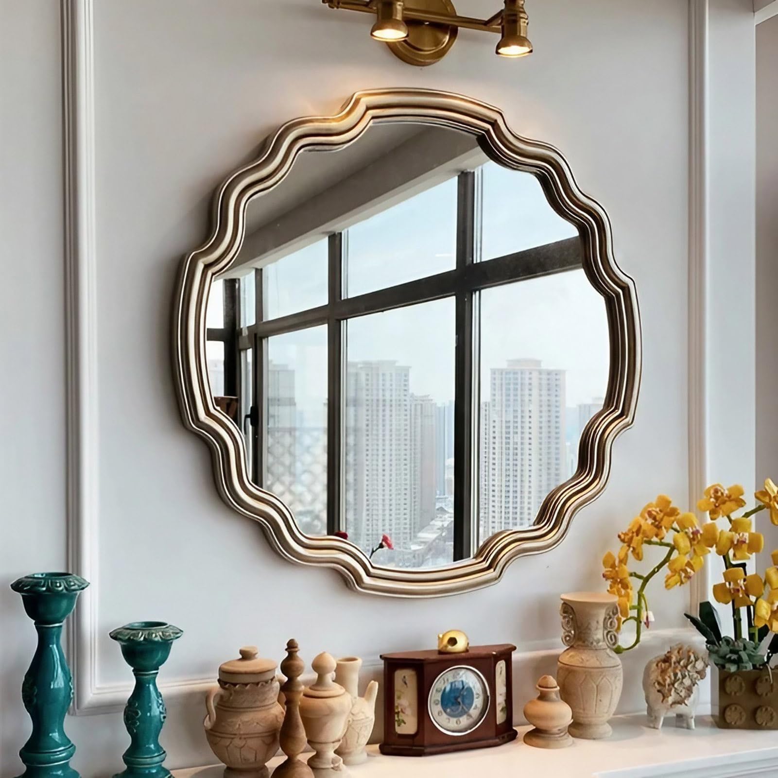 FGXHHS Modern Decorative Wall Mirror, Retro Round Bathroom Wave Vanity Mirror for Bedroom Living Room Entryway Farmhouse (Antique Silver)(65cm(26inch))