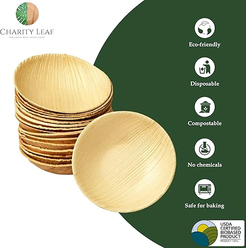 Miniatura 2 de Charity Leaf Mini tazón redondo de hoja de palma desechable de 3.5 pulgadas (25 piezas)  Como bambú  Todo natural y biodegradable  Tablas de