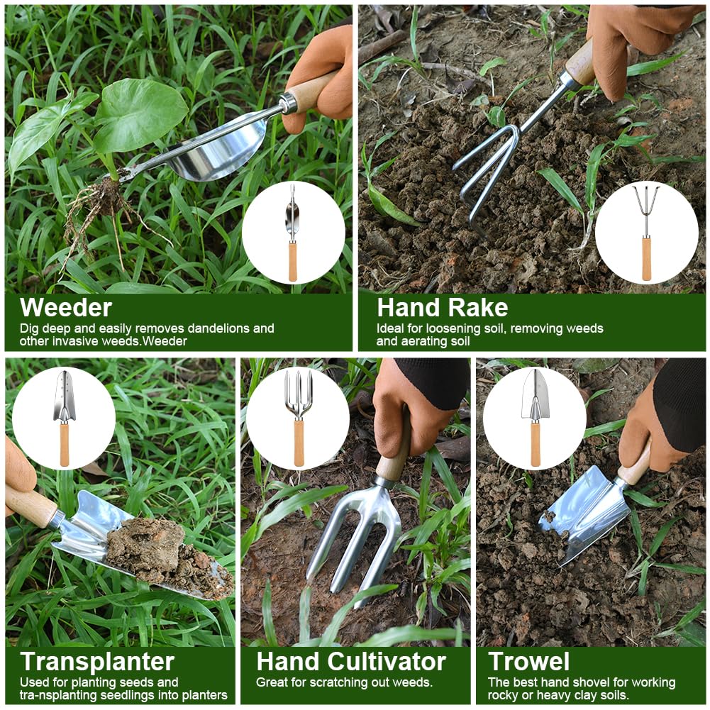 Set di Attrezzi da Giardinaggio, 9 Pezzi in Acciaio Inossidabile ad Uso Intensivo, Impugnatura Ergonomica Antiscivolo, Fori Appesi, Strumenti da Giardinaggio per Donne e Uomini, Verde