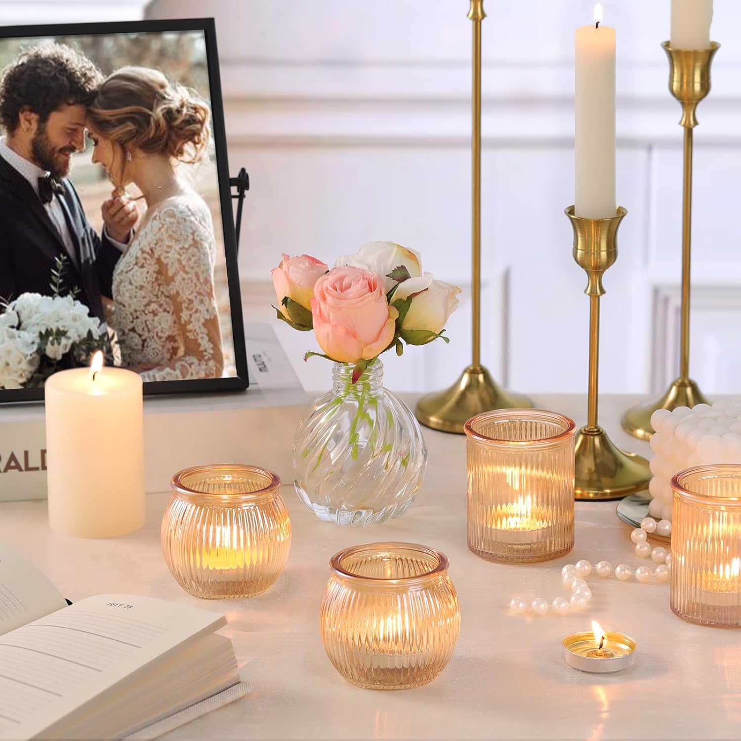 48pcs Assorted Gold Votive Candle Holders, Ribbed Tea Lights Candle Holder for Wedding Decor, Glass Candle Holder for Diwali, Table Centerpiece, Party and Holiday Decorations