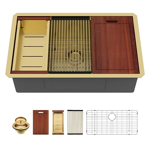 Sarlai 30 Inch Gold Undermount Kitchen Sink 30' x18' Gold Sinks Workstation | 10' Deep 16 Gauge Stainless Steel Nano-PVD