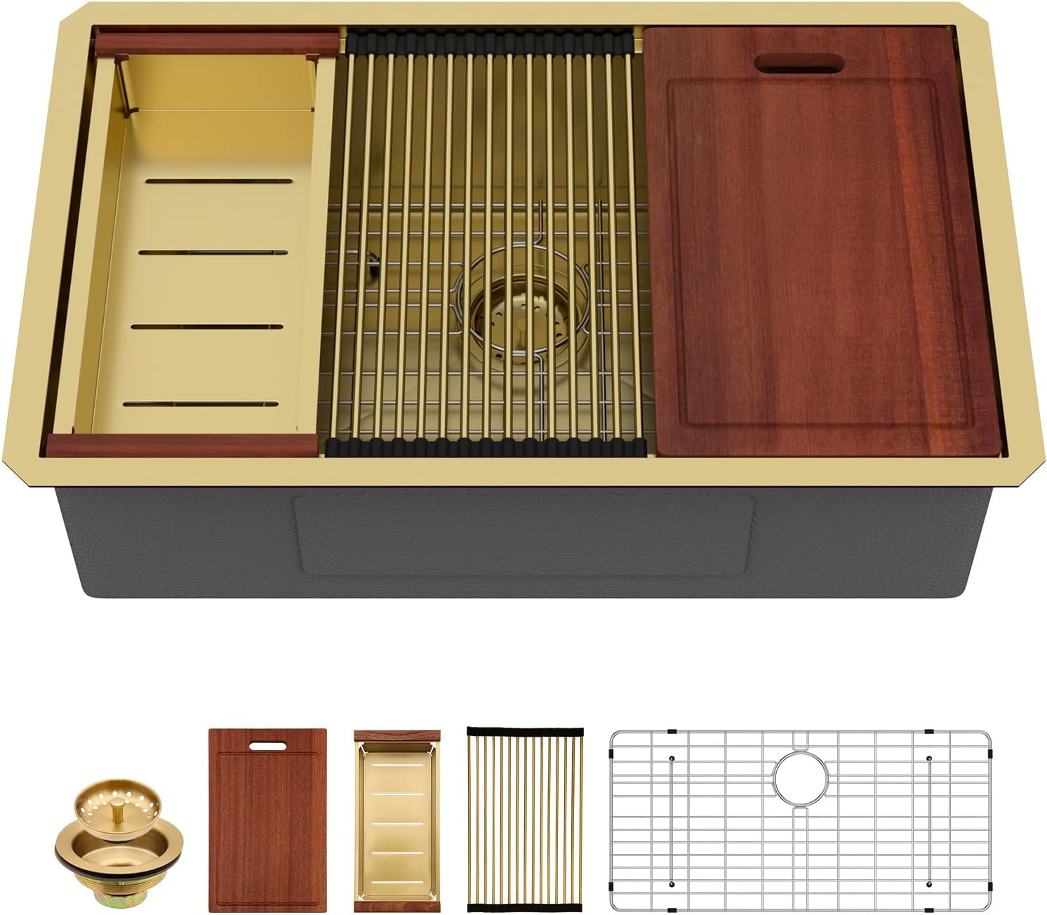33 Inch Undermount Kitchen Sink - 18 Gauge 304 Stainless Steel Single Bowl With Drainer, Brushed Nickel Finish