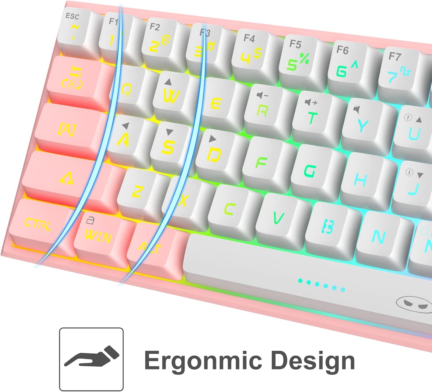 Close-up of the MageGee 60% keyboard keys, illustrating the ergonomic keycap profile designed for comfortable typing.