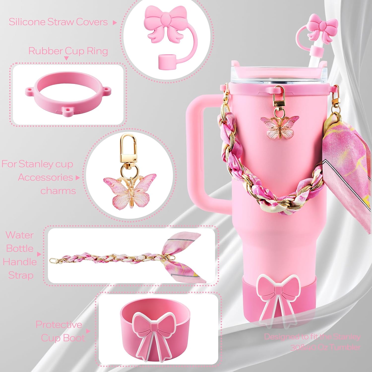 OFFCURVE 5PCS Butterfly Cup Accessories for Stanley Owala, Water Bottle Handle Strap for Stanley 30/40 oz, Including Straw Toppers, Silicone Cup Boot, Keychain Charms, Cup Decoration for Women Girls - Image 4