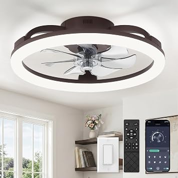 LEDIARY 20 Inch Low Profile Ceiling Fans with Lights and Remote, Dimmable Modern Fan Light3000K-6000K, 6 Speed, Reversible, APP & Remote Control, Flush Mount Ceiling Fan for Bedroom, Brown
