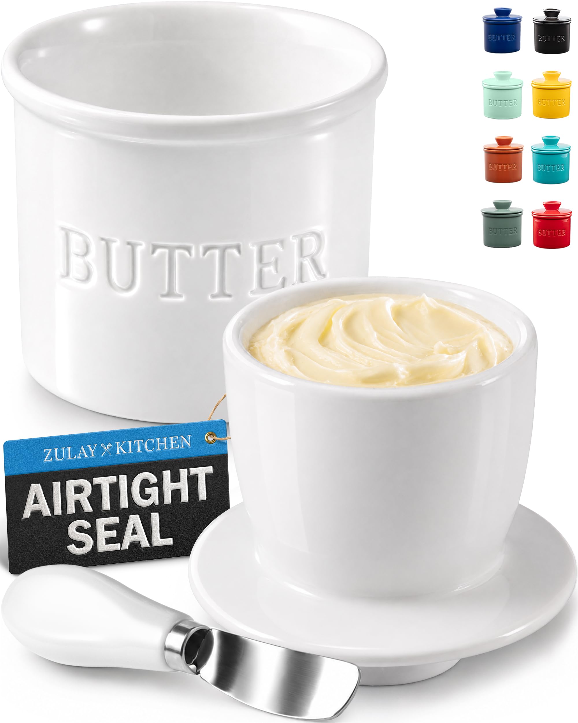 Zulay Kitchen Bell Shaped Butter Crock with Lid for Countertop with Water Line & Spreader Knife, Ceramic French Butter Dish Keeper For Fresh, Soft & Spreadable Butter - White Zulay White