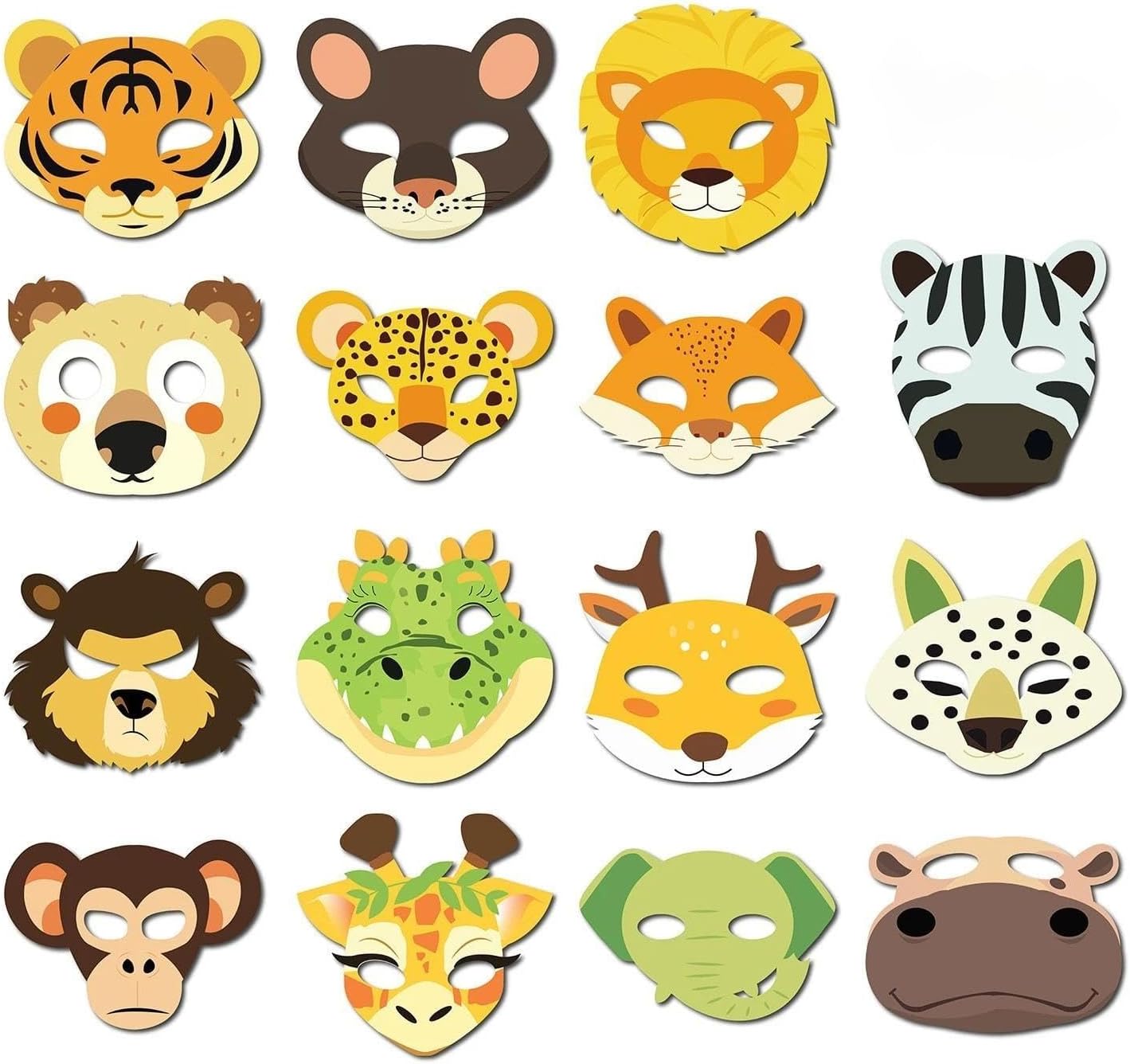 15Pcs Safari Animal Themed Paper Masks - Assorted Jungle Animal Designs for Party Photo Booth Props & Costumes