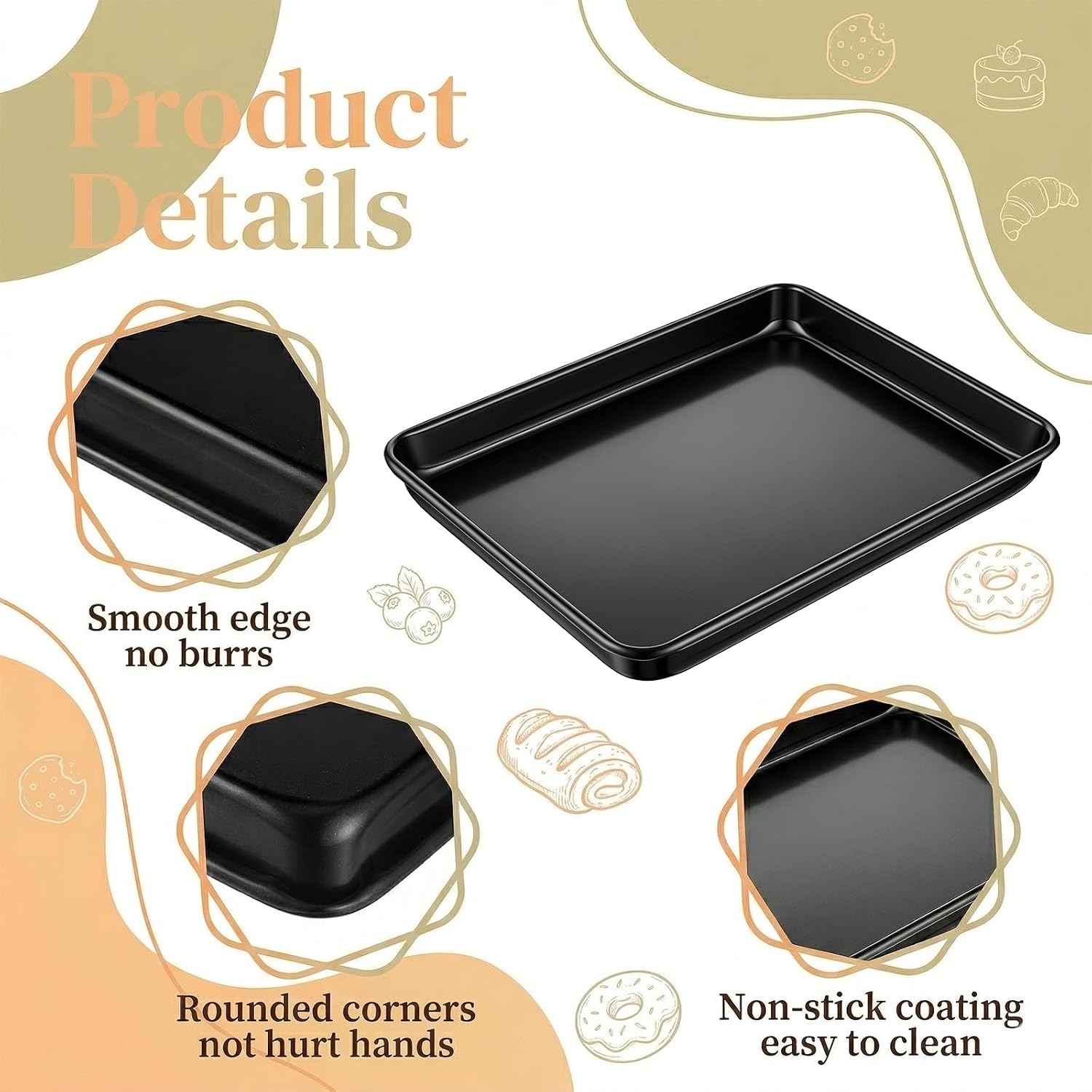 2 Pack 11 x 9 Inch Toaster Oven Pans, Nonstick Baking Sheet Pans and Trays, Nonstick Cookie Sheets, Heavy Duty Carbon Steel Toaster Oven Tray, 1 Inch Deep, Gold, Easy to Clean
