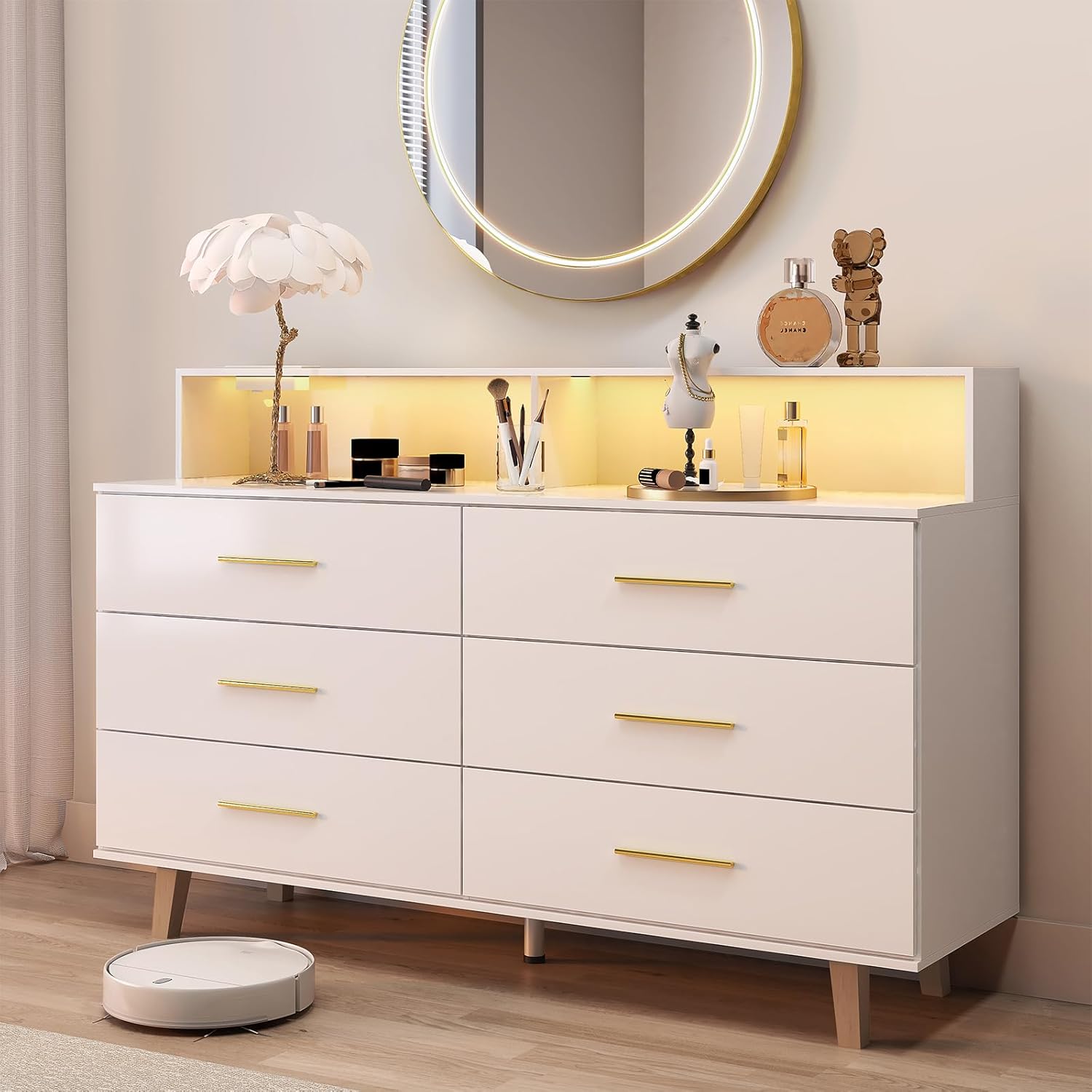 6 Drawers Dresser with LED Light and Power Outlet, Wood White Dressers for Bedroom & Chests of Drawers, Large Double Dressers for Bedroom, Entryway, Hallway