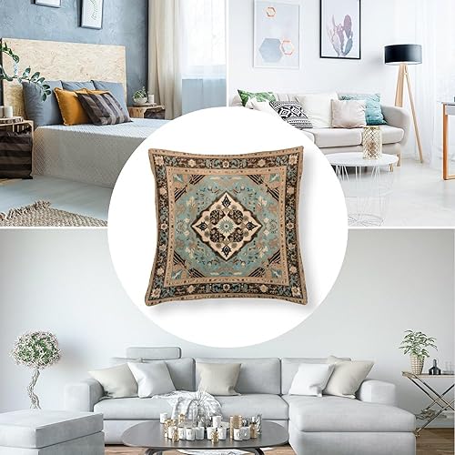 Miniatura 5 de Fundas de almohada decorativas de satén de 26 x 26 pulgadas, color marrón y beige y verde azulado, con rayas mexicanas tradicionales del suroeste,