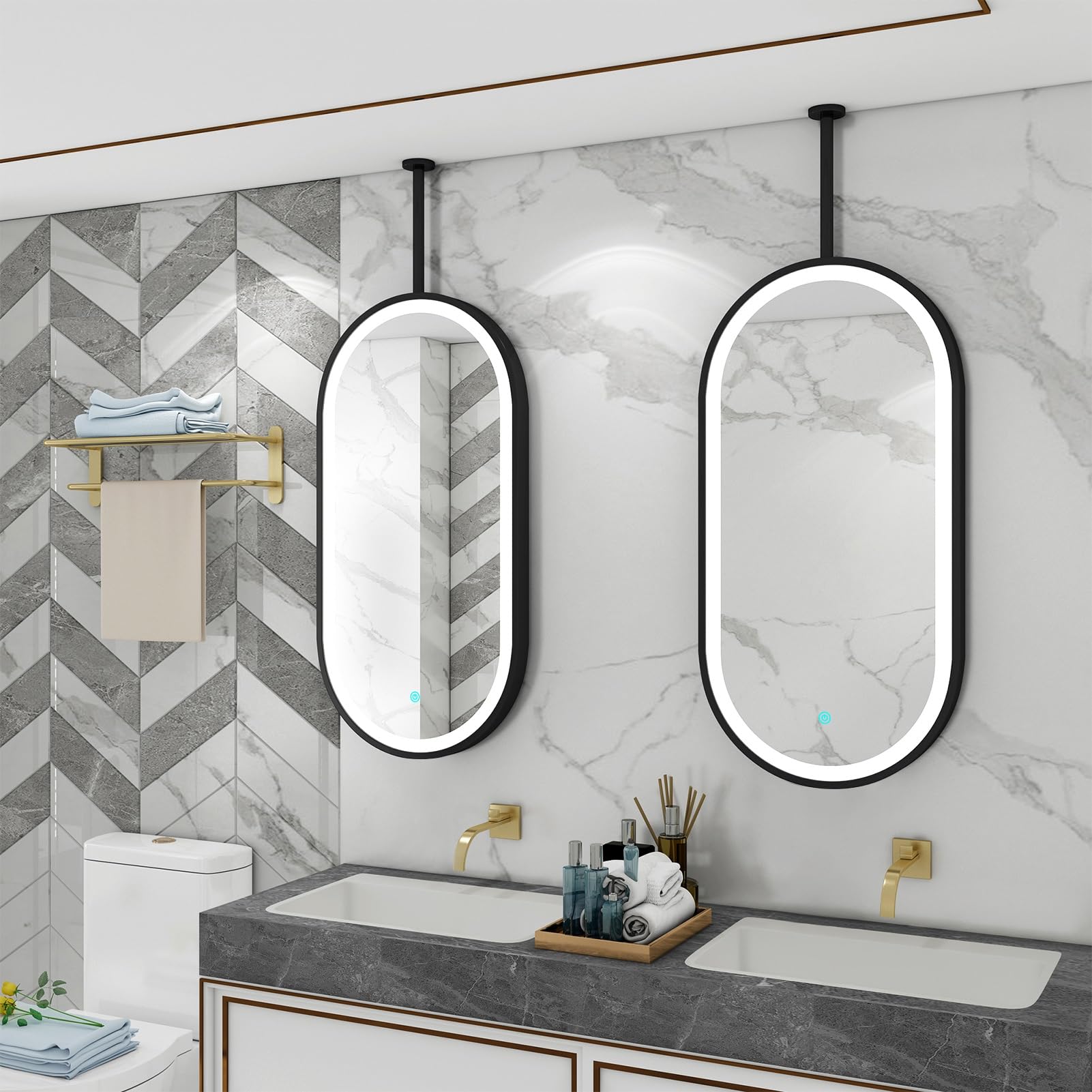 FGXHHS Ceiling Mounted s with Hanging Rod, Oval LED Lighted Mirror Wall Vanity Makeup for Home or Hotel - Customizable Boom(40cmx70cm)