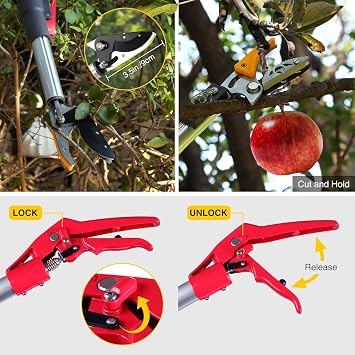 1.4-3m Extendable Tree Pruner with Pole Saw Pruning Shear | Telescopic Long Reach Pruner Tree Trimmer with Bypass Clippers, Lightweight Adjustable Fruit Picker for Tree Branch Cutter