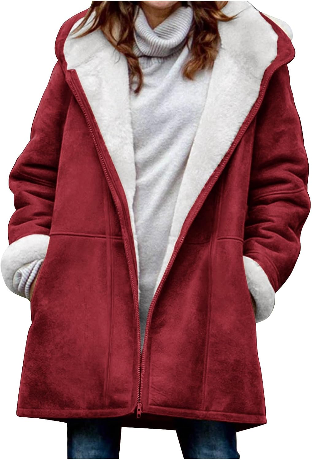 Women's Fleece Coat Sherpa Fuzzy Jackets Zip Up Hooded Coats Winter Plush Solid Casual long Outerwear with Pockets