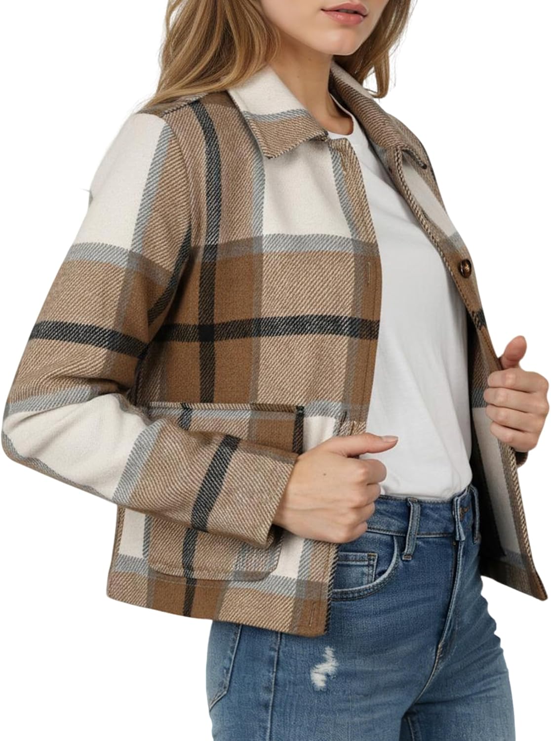 AURUZA Flannels for Women Cropped Shacket Jacket Fashion Plaid Button Down Shirt 2025 Fall Coat Christmas Tops - Image 4