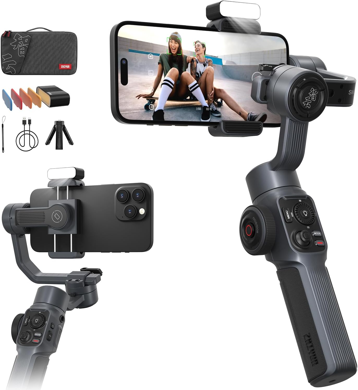 ZHIYUN Smooth 5 Combo [Official] 3 Axis Smartphone Stabilizer, Gimbal Phone for iPhone and Android, with Tripod, Bag, 2 300lm Light and Zoom for Vlog, Youtube and TikTok