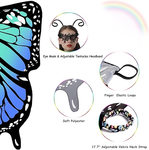 Miniatura 5 de Tibeha Alas de mariposa de Halloween para mujer, capa de disfraz para niñas y adultos, máscara, diadema de antena